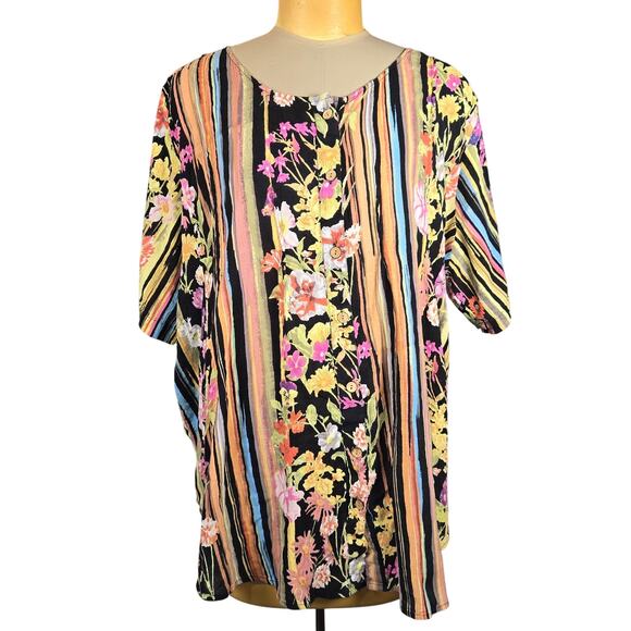 Roamans Women 3X Top Button Up Crinkle Floral Striped Colorful Art to Wear Artsy - Picture 1 of 9